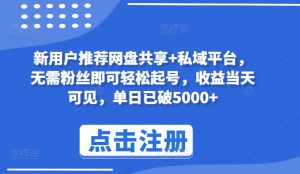 新用户推荐网盘共享+私域平台，无需粉丝即可轻松起号，收益当天可见，单日已破5000+【揭秘】-77云网创