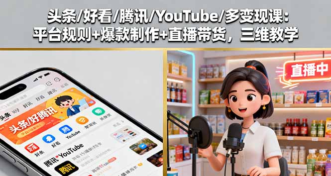 头条/好看/腾讯/YouTube/多变现课：平台规则+爆款制作+直播带货，三维教学-77云网创