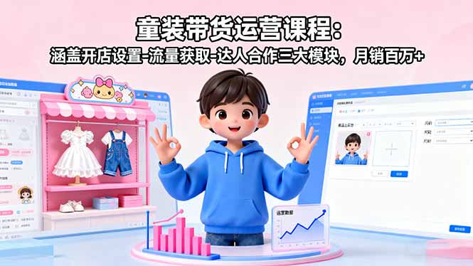童装带货运营课程：涵盖开店设置-流量获取-达人合作三大模块，月销百万+-77云网创