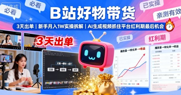 B站好物带货，3天出单，新手月入1W实操拆解，AI生成视频，抓住平台红利期最后机会-77云网创