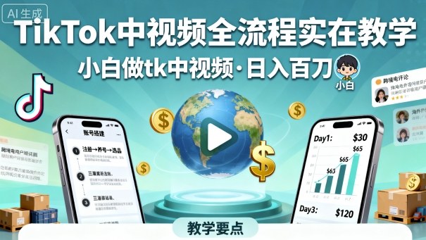 TikTok中视频全流程实操教学，小白做tk中视频，日入百刀-77云网创