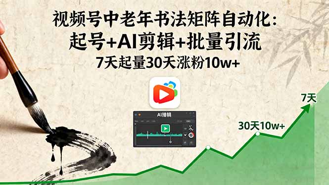 视频号中老年书法矩阵自动化：起号+AI剪辑+批量引流 7天起量30天涨粉10w+-77云网创