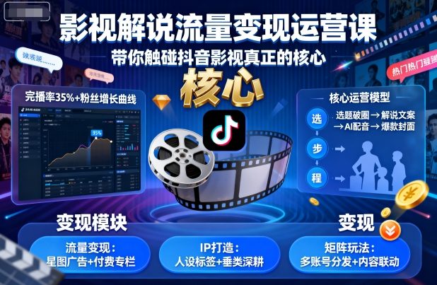 影视解说流量变现运营课，带你触碰抖音影视真正的核心-77云网创