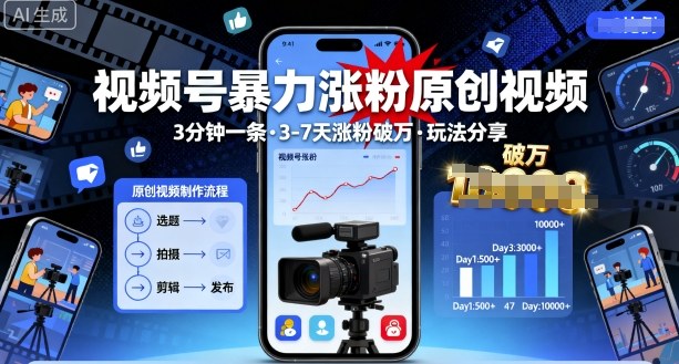 视频号暴力涨粉原创视频，3分钟一条原创视频，3-7天涨粉破万，玩法分享给你-77云网创