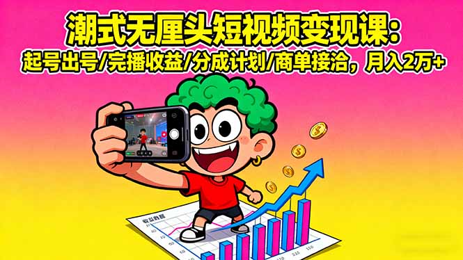 潮式无厘头短视频变现课：起号出号/完播收益/分成计划/商单接洽，月入2万+-77云网创