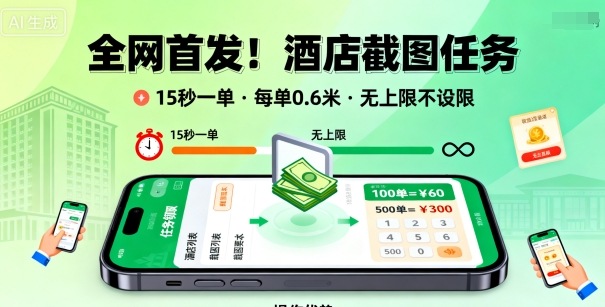 全网首发！酒店截图任务，15秒一单，每单0.6米，任务无上限不设限，矩阵操作单日3张到手【揭秘】-77云网创
