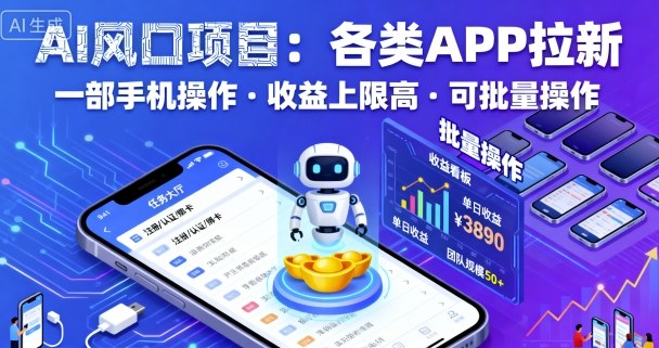 AI风口项目，各类APP拉新，一部手机就可以操作，收益上限高，可批量操作-77云网创