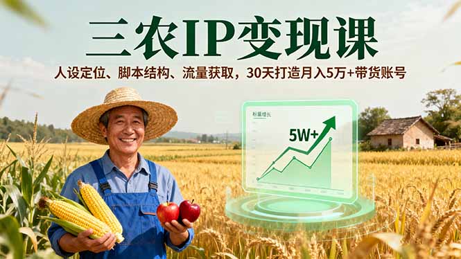 三农IP变现课，人设定位、脚本结构、流量获取，30天打造月入5万+带货账号-77云网创