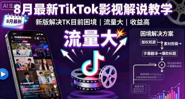 8月最新TikTok影视解说教学，新版解决TK目前困境，流量大，收益高-77云网创