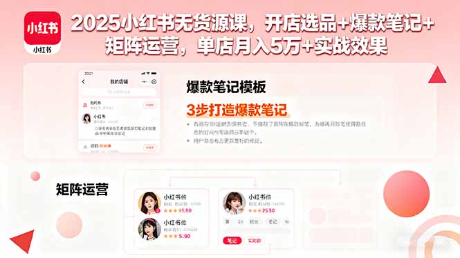 2025小红书无货源课，开店选品+爆款笔记+矩阵运营，单店月入5万+实战效果-77云网创
